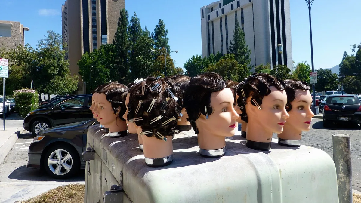 heads, hair, hairdo, hairstyle, mannequins, bizarre, odd, strange, creepy, collection, public, display, group, faces, alike, outdoors, perspective, dolls, bizarre, bizarre, bizarre, odd, odd, odd, odd, odd, strange, strange, strange, alike